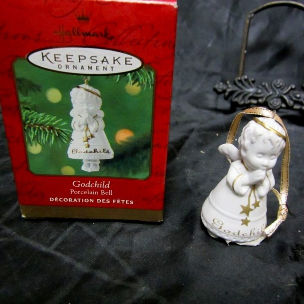 2001 HALLMARK PORCELAIN BELL ANGEL GODCHILD KEEPSAKE ORNAMENT, ORIG BOX